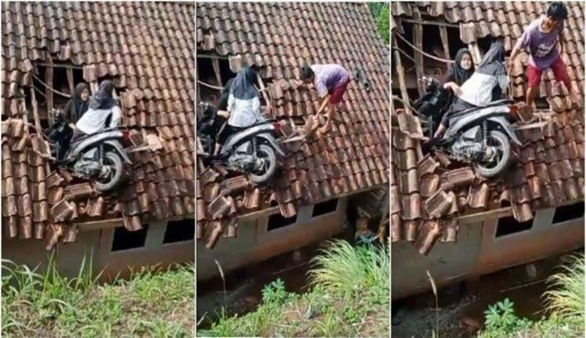 Fakta viral video bocah perempuan dan sepeda motornya tersangkut di atap rumah warga di Tasikmalaya, Jawa Barat, proses evakuasi dibantu warga