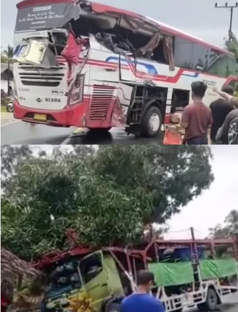 Penampakan bus Borlindo usai terlibat tabrakan dengan truk kalla logistics di Pasangkayu, Sulbar.